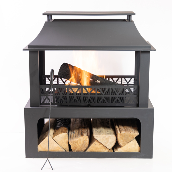 Deko Living 36 Inch Rectangular Outdoor Steel Wood Burning Fireplace with Log Storage COB10511